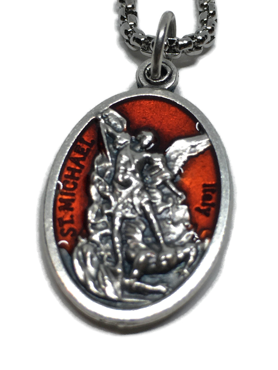 Saint Michael Red Enamel Medal Necklace